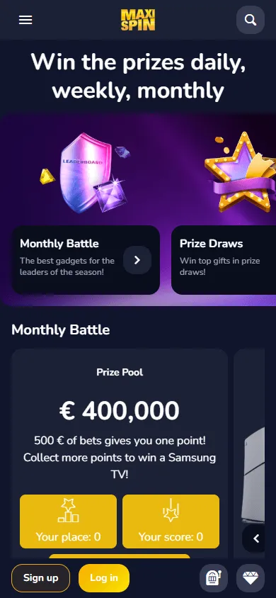 Maxispin Casino mobile promotions area with tournament and free-spin offers