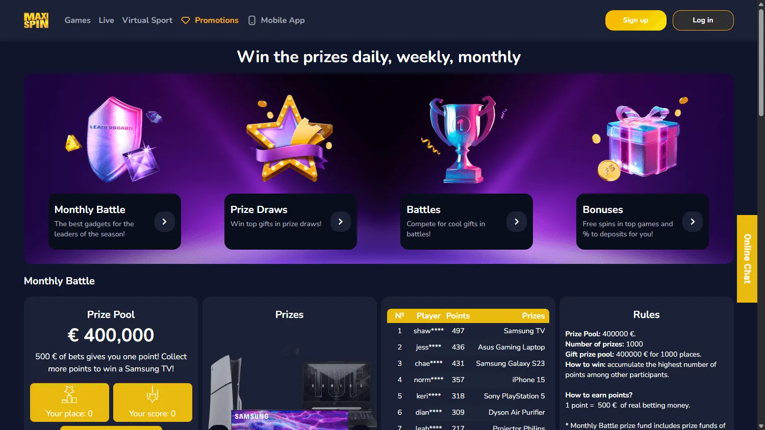 Maxispin Casino desktop promotions area with welcome and tournament offers