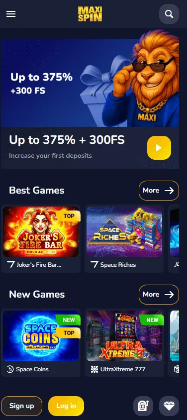 Maxispin Casino mobile home screen for casino access on a phone