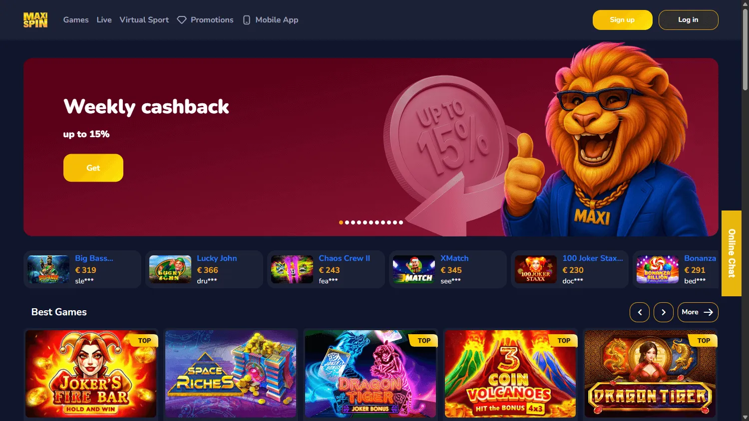 Maxispin Casino desktop home screen with the casino offer and account features