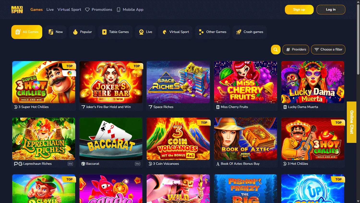 Maxispin Casino desktop games area with casino categories and game choices