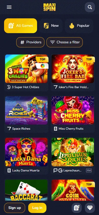 Maxispin Casino mobile games area with slots and casino categories